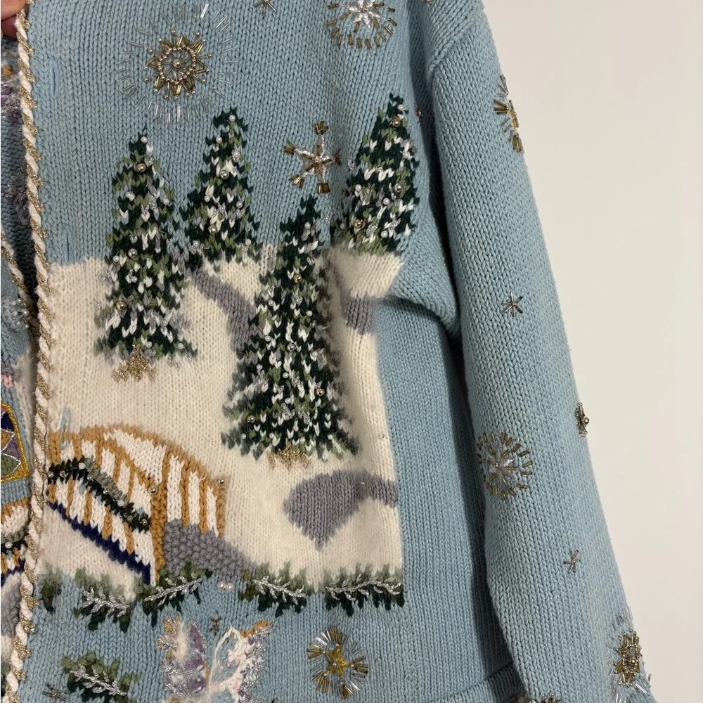 Vintage BellePointe Blue Winter Scape Embroidered Beaded Women's Cardigan Medium